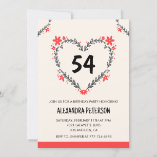 Modern Any age Floral Heart for her 54th birthday Invitation