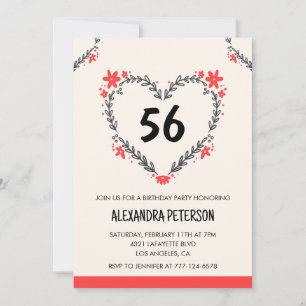Modern Any age Floral Heart for her 56th birthday Invitation