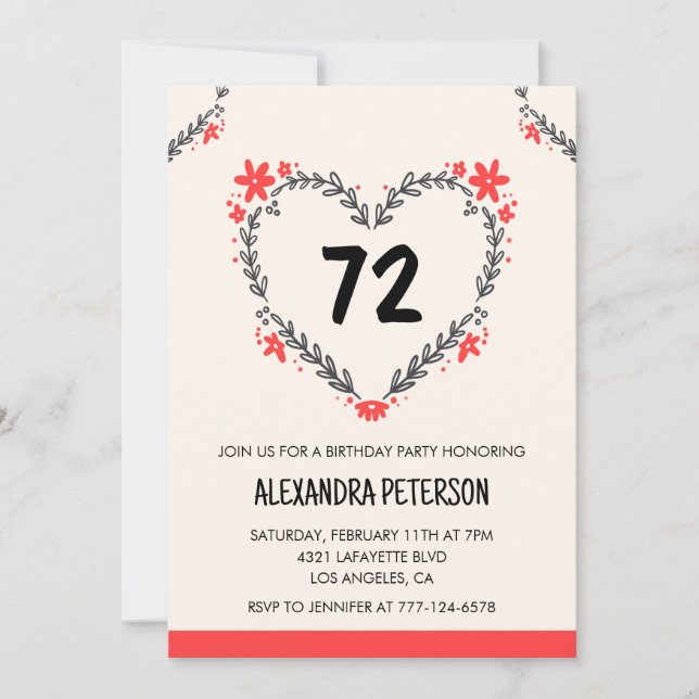 Modern Any age Floral Heart for her 72nd birthday Invitation (Front)