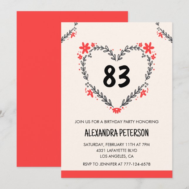 Modern Any age Floral Heart for her 83rd birthday Invitation (Front/Back)
