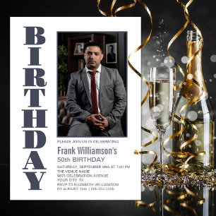 Modern Any Age Grey White Photo Birthday Party Invitation