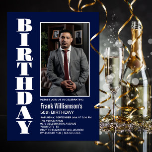 Modern Any Age Navy Blue White Photo Birthday Invitation