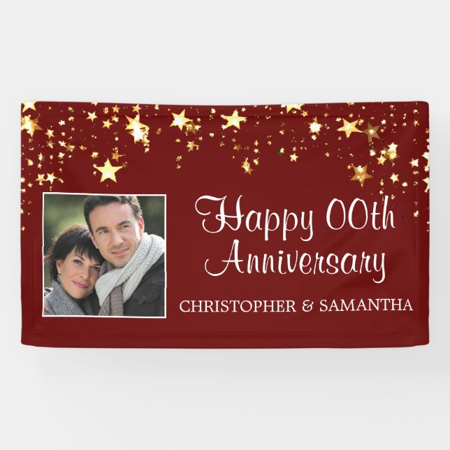 Modern Any Anniversary Ruby Red Gold Stars Photo Banner (Horizontal)