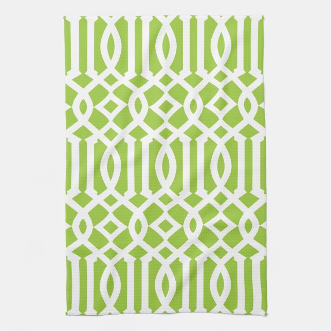Modern Apple Green and White Trellis Pattern Kitchen Towel (Vertical)