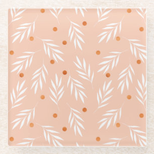 Modern Apricot Pink Floral Leaves Pattern Glass Coaster