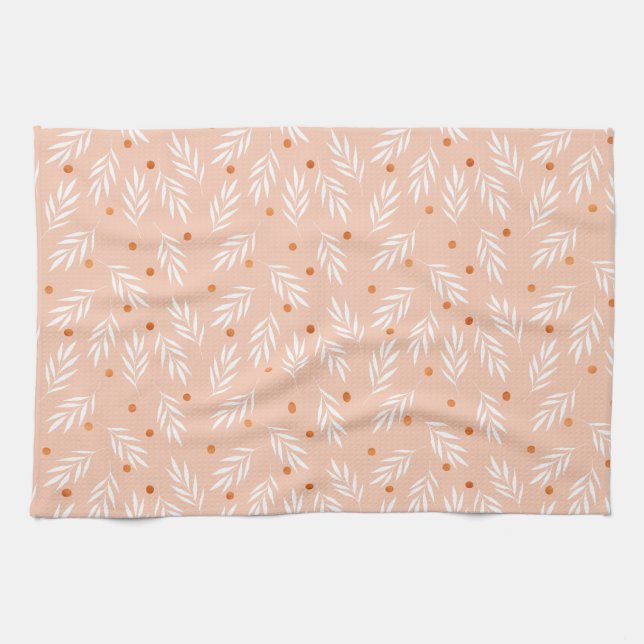 Modern Apricot Pink Floral Leaves Pattern Kitchen Towel (Horizontal)