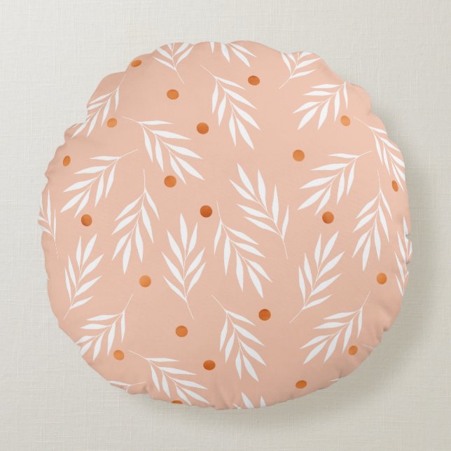 Modern Apricot Pink Floral Leaves Pattern Round Pillow (Front)
