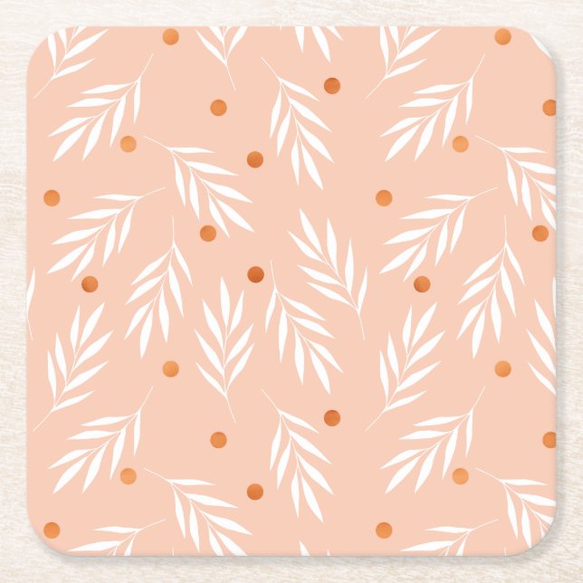 Modern Apricot Pink Floral Leaves Pattern Square Paper Coaster (Front)