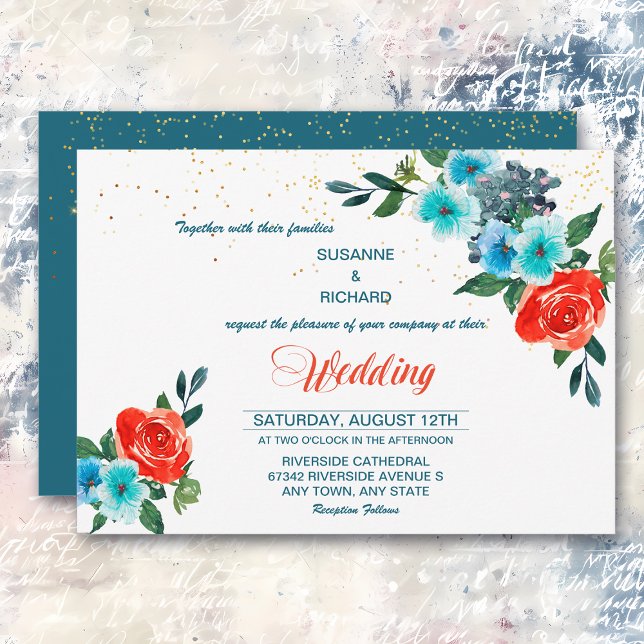 Modern Aqua and Coral Floral Wedding Invitation (Creator Uploaded)