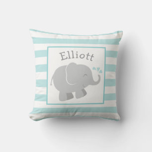 Modern Aqua and Grey Elephant Custom Monogram Throw Pillow