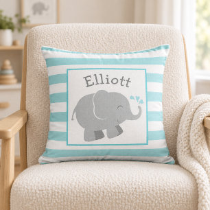Modern Aqua and Grey Elephant Monogram Throw Pillow