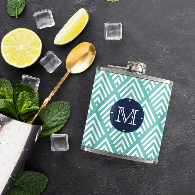 Modern Aqua and Navy Chevron Diamond Monogram Hip Flask (Creator Uploaded)