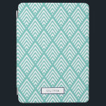 Modern Aqua and White Chevron Diamond Pattern iPad Air Cover<br><div class="desc">Chic, modern design features an elongated diamond chevron pattern in dreamy turquoise aqua and white. Add a name or monogram in a navy blue rectangle frame, or delete the sample name and clear the white personalization box for a clean look. Looking for this design in another colour, or need help...</div>