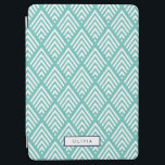 Modern Aqua and White Chevron Diamond Pattern iPad Air Cover<br><div class="desc">Chic, modern design features an elongated diamond chevron pattern in dreamy turquoise aqua and white. Add a name or monogram in a navy blue rectangle frame, or delete the sample name and clear the white personalization box for a clean look. Looking for this design in another colour, or need help...</div>