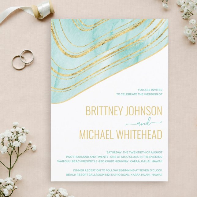 Modern Aqua Blue Agate Gold Foil Wedding Invitation (Creator Uploaded)