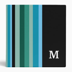 Modern Aqua Blue And Black Stripe Monogrammed Binder