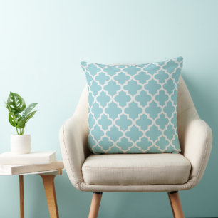 Modern Aqua Blue and White Quatrefoil Pattern Throw Pillow