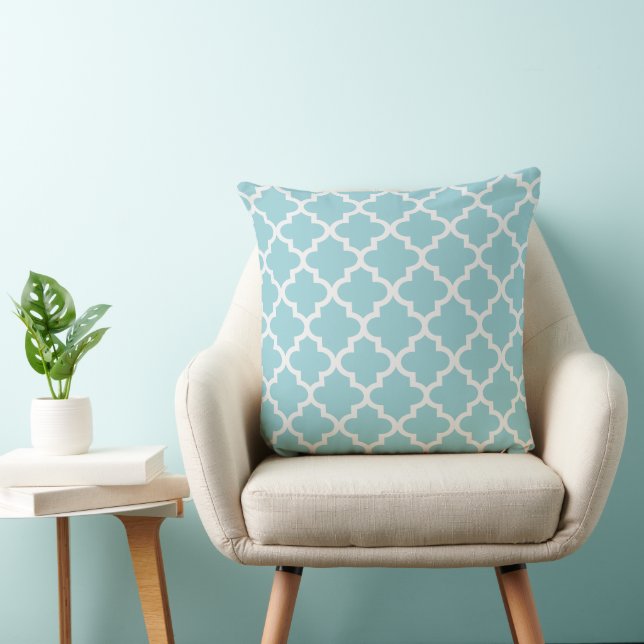 Modern Aqua Blue and White Quatrefoil Pattern Throw Pillow (Chair)
