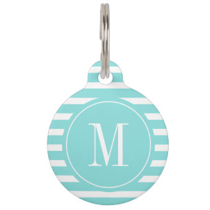 Modern Aqua Blue and White Stripe with Monogram  Pet Tag
