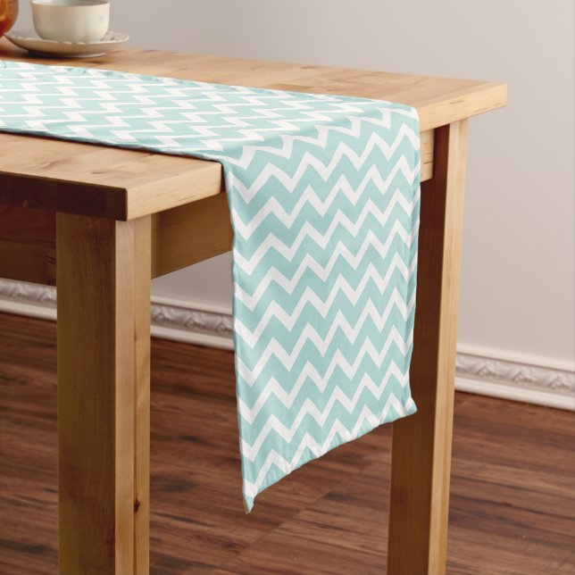 Modern Aqua Blue Chevron Stripes Pattern Short Table Runner (In Situ)