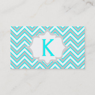 Modern aqua blue, grey chevron monogram business card
