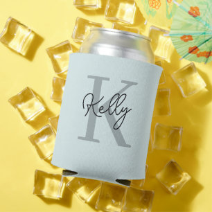Modern Aqua Blue Monogram Script Can Cooler