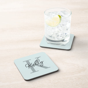 Modern Aqua Blue Monogram Script Coaster