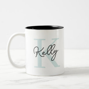 Modern Aqua Blue Monogram Script Two-Tone Coffee Mug
