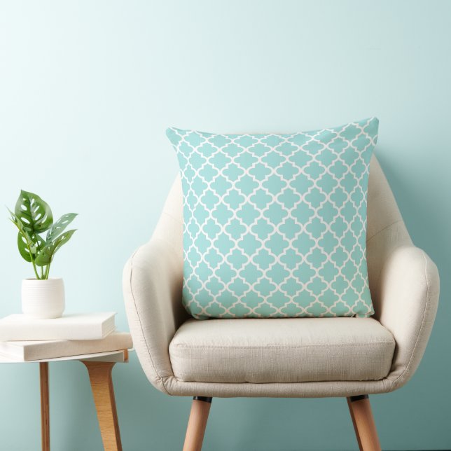Modern Aqua Blue Moroccan Quatrefoil Pattern Throw Pillow (Chair)
