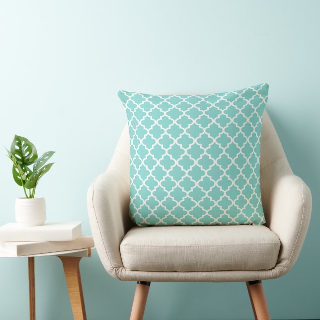 Modern Aqua Blue Moroccan Quatrefoil Pattern Throw Pillow (Chair)