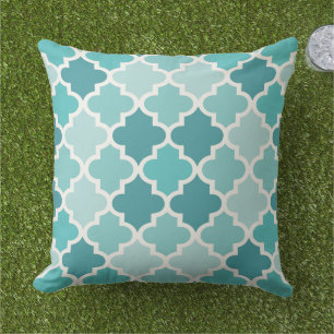 Modern Aqua Blue Moroccan Quatrefoil Tile Pattern Throw Pillow