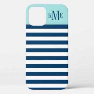 Modern Aqua Blue Navy Stripes Custom Monogram iPhone 12 Case