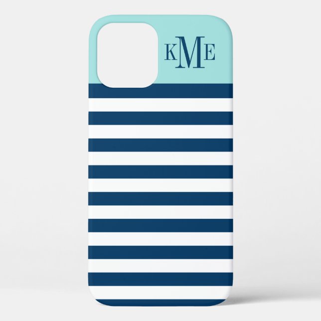 Modern Aqua Blue Navy Stripes Custom Monogram Case-Mate iPhone Case (Back)