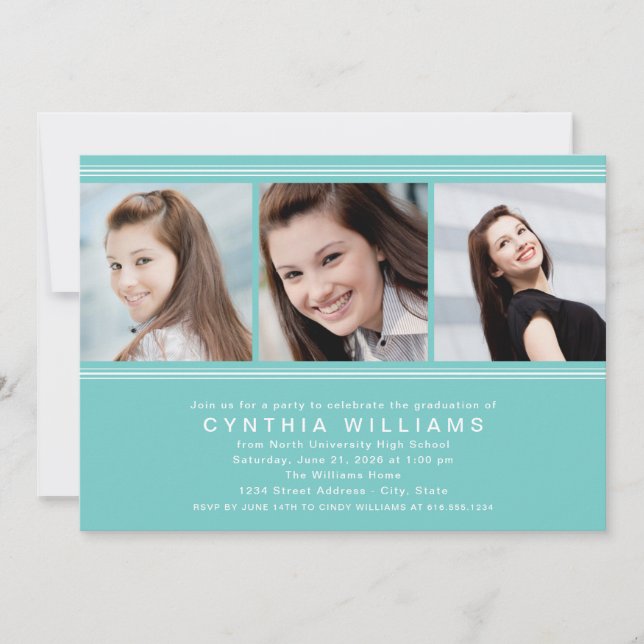 Modern Aqua Blue Photo Collage Graduation Party Invitation (Front)