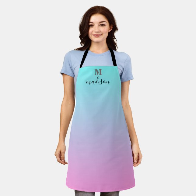 Modern Aqua Blue Pink Gradient Ombre Monogram Apron (Worn)