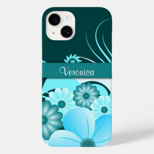 Modern Aqua Blue Teal Summer Hibiscus Floral Slim Case-Mate iPhone 14 Case