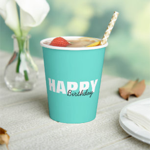 Modern Aqua Blue Typography Happy Birthday Paper Cups