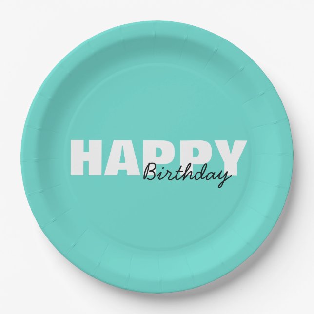 Modern Aqua Blue Typography Happy Birthday   Paper Plate (Front)