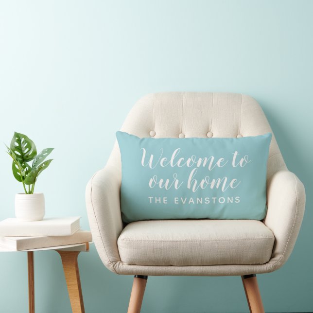 Modern Aqua Blue Welcome Home Custom Last Name Lumbar Pillow (Chair)