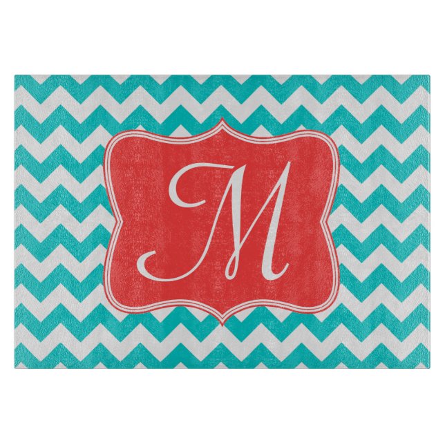 Modern Aqua Chevron Monogram Glass Cutting Board (Front)
