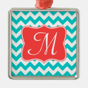 Modern Aqua Chevron Monogram Initial Ornament