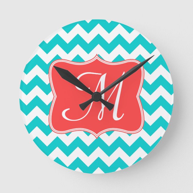 Modern Aqua Chevron Monogram Initial Wall Clock (Front)