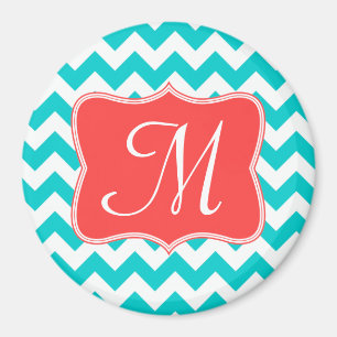 Modern Aqua Coral Chevron Monogram Initial Magnet
