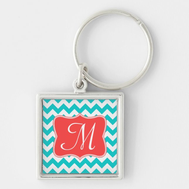Modern Aqua Coral Chevron Zig Zag Stripe Key Chain (Front)