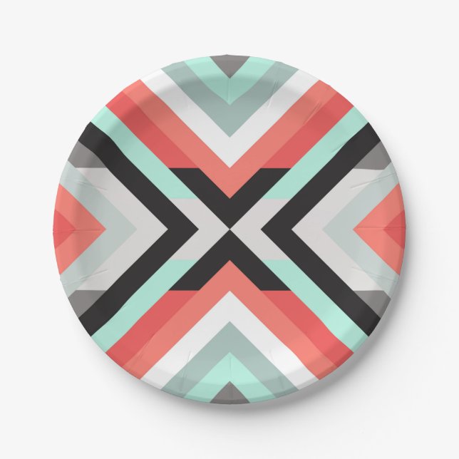 Modern Aqua Coral Geometric Colour Block Design Paper Plate (Front)