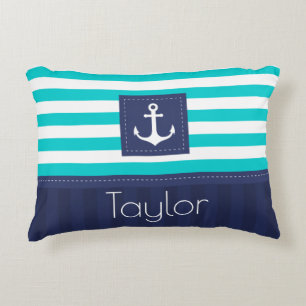 Modern Aqua Dark Blue Nautical Anchor Design Accent Pillow