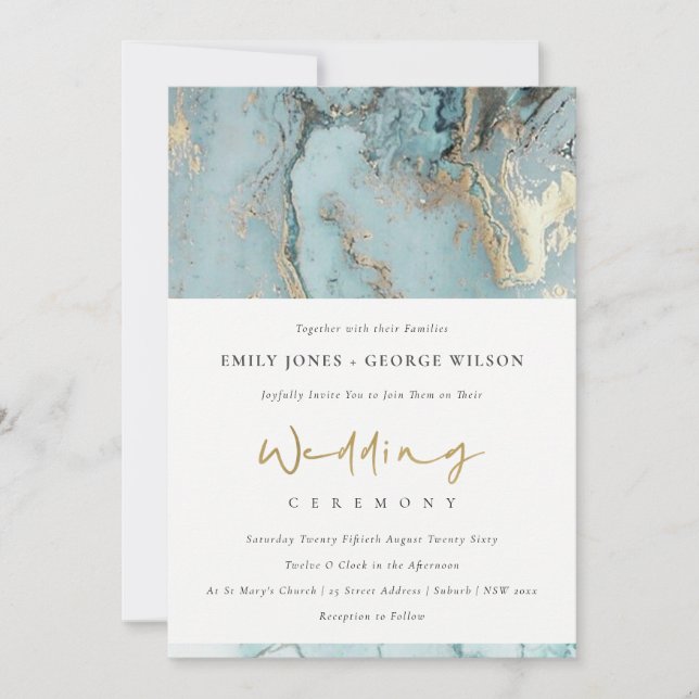 MODERN AQUA DUSKY BLUE GOLD AGATE WEDDING INVITE (Front)