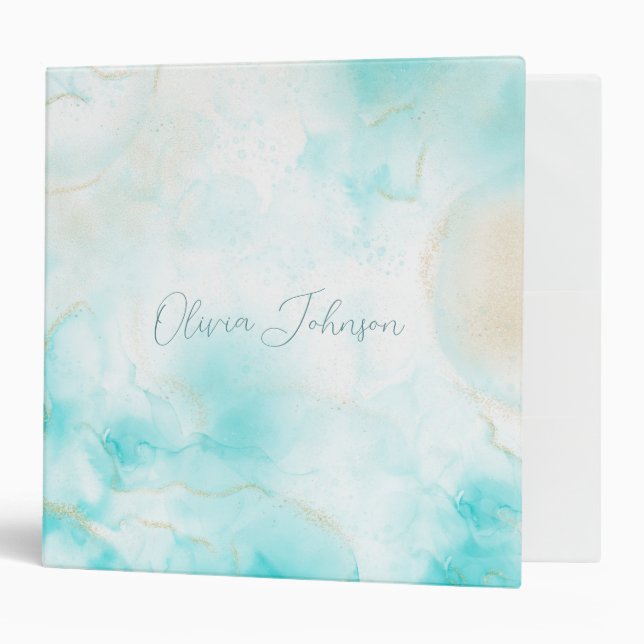Modern Aqua Gold Alcohol Ink Art Watercolor Ocean Binder (Front/Inside)