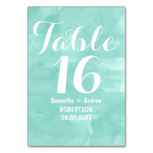 Modern aqua green watercolor table number