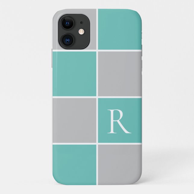 Modern aqua, grey square colour block monogrammed Case-Mate iPhone case (Back)